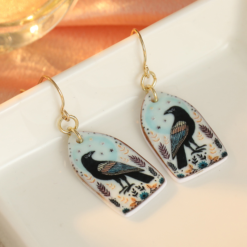 Vintage Crow Print Resin Earrings for Women
